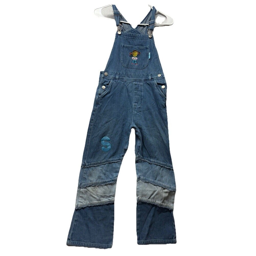 VTG Smiley Little Girl Floral Glitter Embroidered Denim Overall Pants Size 10/12